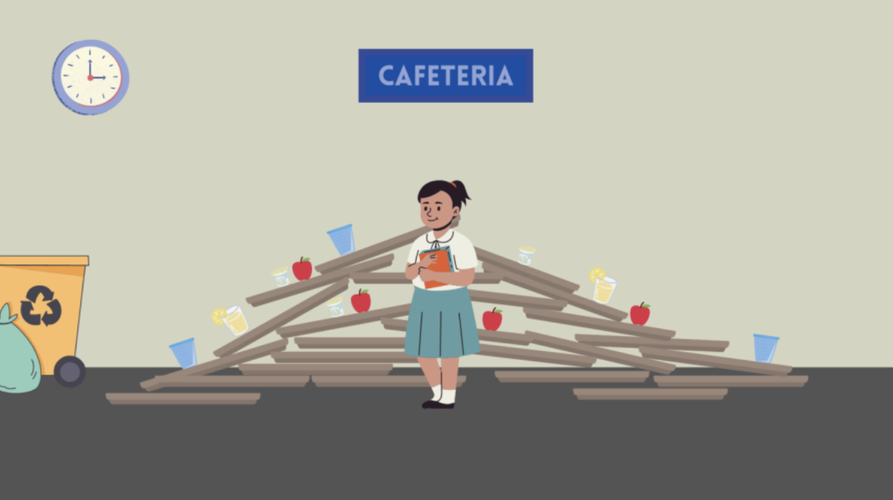cartoon of young girl next to many discarded school lunch trays